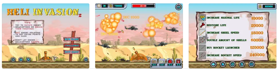 Survive onslaughts of hostile helicopters! Significant improvement over the previous version. Heli Invasion 2 is a tower defense game in which you must shoot down attacking helicopters.