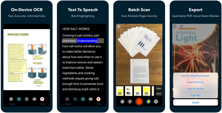 Voice Dream Reader is a multi-purpose reading app for iOS Apple devices such as the iPhone, iPad, and Apple Watch. The new OCR scanner works both independently and within Voice Dream Reader.